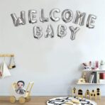 Set Baloane din Folie Metalizata, Embo, Figurine Litere, Model Welcome Baby, Tema Aniversare, 40 cm, Ambalaj Individual, Pai inclus, Umflare cu Aer sau Heliu, Argintiu - imagine 4