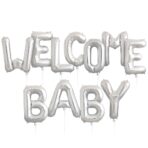 Set Baloane din Folie Metalizata, Embo, Figurine Litere, Model Welcome Baby, Tema Aniversare, 40 cm, Ambalaj Individual, Pai inclus, Umflare cu Aer sau Heliu, Argintiu - imagine 5