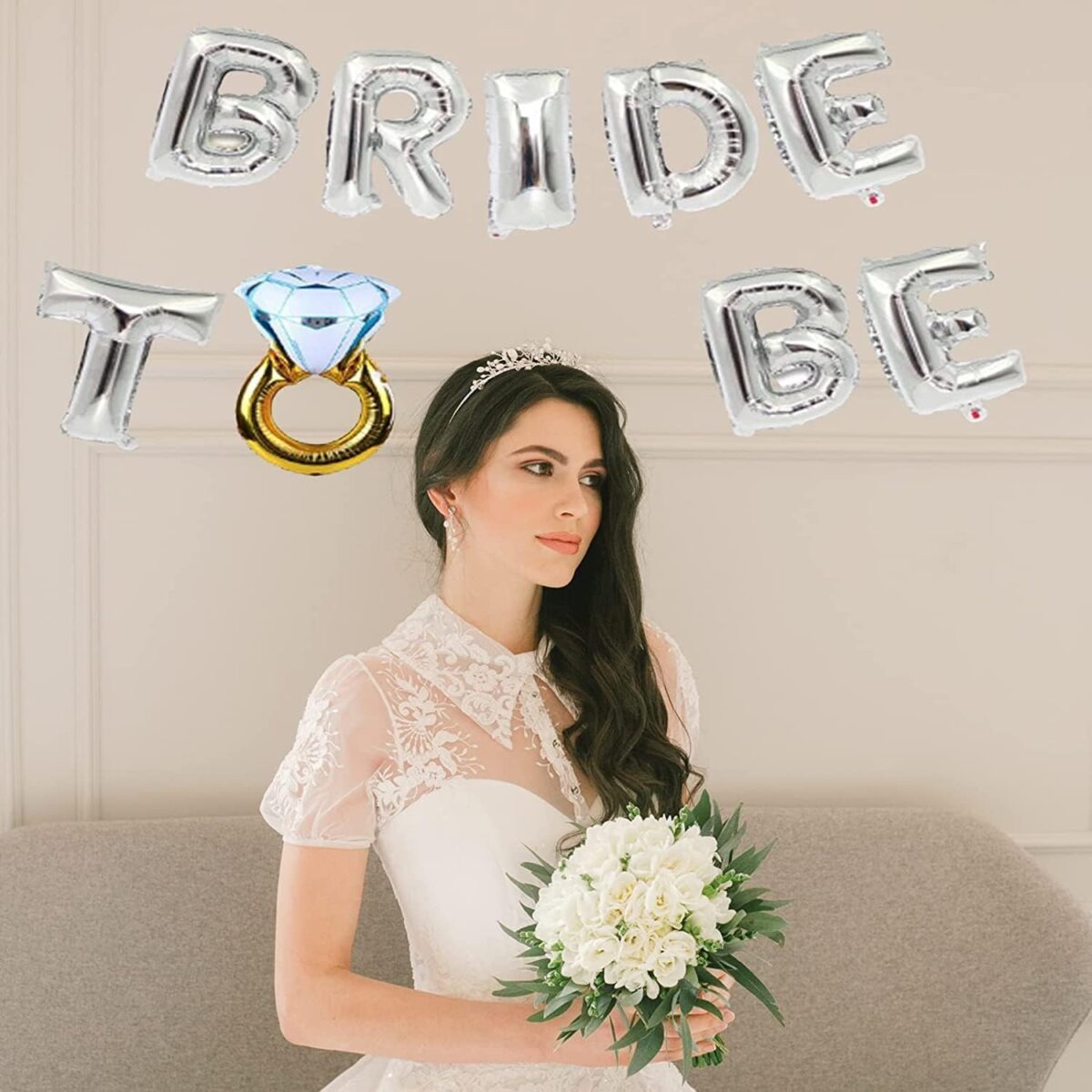 Set Baloane din Folie Metalizata, Embo, Model Bride to Be cu Inel de Logodna, Litere de 40 cm, Baloane Party, Ambalaj Individual, Pai Inclus, Umflare cu Aer sau Heliu, Argintiu - imagine 5