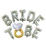 Set Baloane din Folie Metalizata, Embo, Model Bride to Be cu Inel de Logodna, Litere de 40 cm, Baloane Party, Ambalaj Individual, Pai Inclus, Umflare cu Aer sau Heliu, Argintiu