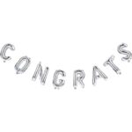 Set Baloane din Folie Metalizată, Embo, Model Congrats, Litere de 40 cm, Baloane Absolvire, Ambalaj Individual, Pai inclus, Umflare cu Aer sau Heliu, Argintiu
