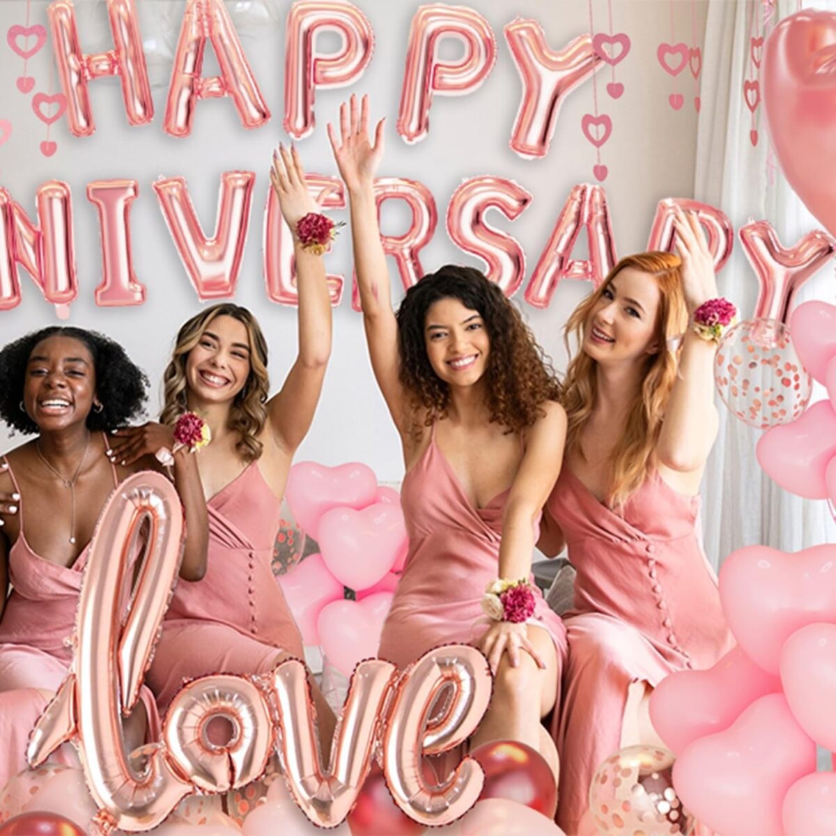 Set Baloane din Folie Metalizata, Embo, Model Happy Anniversary, Litere de 40 cm, Baloane Party, Ambalaj Individual, Pai Inclus, Umflare cu Aer sau Heliu, Roz - imagine 9
