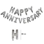 Set Baloane din Folie Metalizată, Embo, Model Happy Anniversary, Litere de 40 cm, Baloane Party, Ambalaj Individual, Pai inclus, Umflare cu Aer sau Heliu, Argintiu - imagine 3