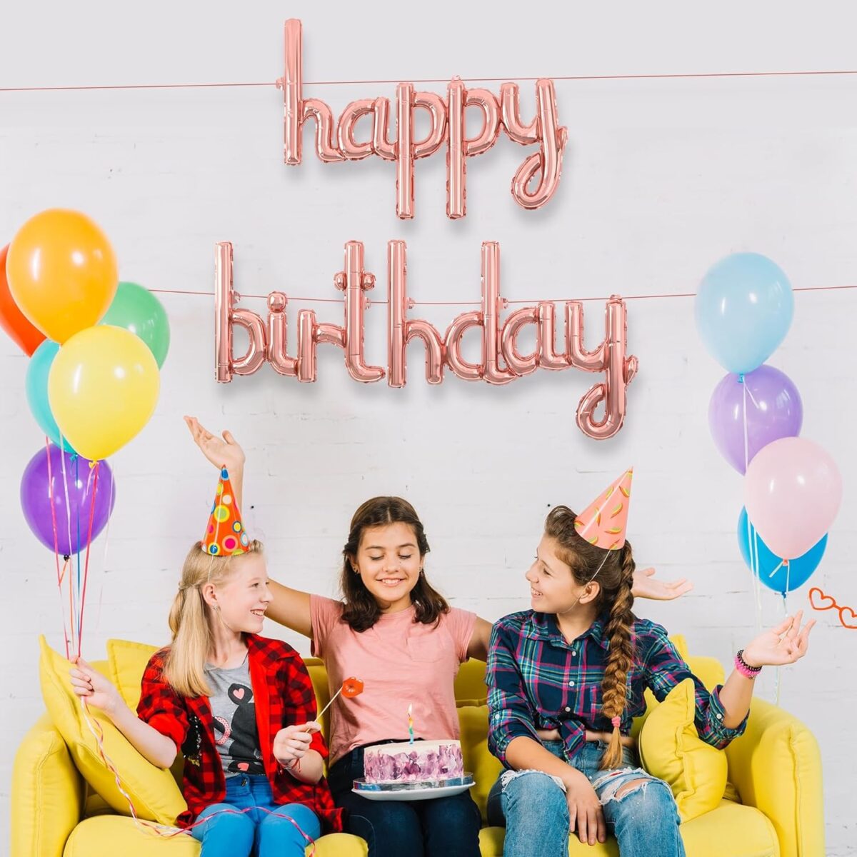 Set Baloane din Folie Metalizata, Embo, Model Happy Birthday, 45x85 cm, 45x124cm, Baloane Party, Ambalaj Individual, Pai Inclus, Umflare cu Aer sau Heliu, Roz Pal - imagine 4