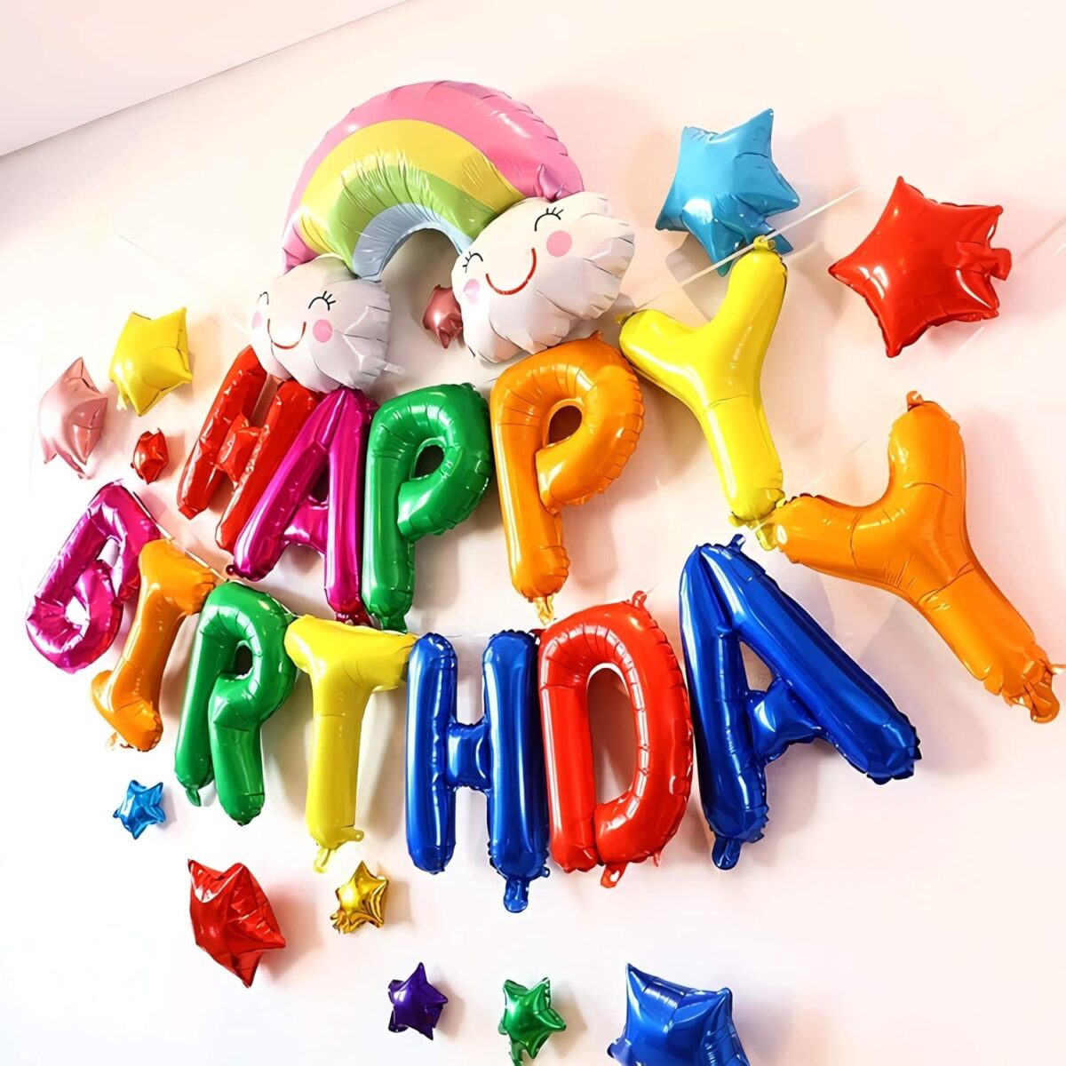 Set Baloane din Folie Metalizata, Embo, Model Happy Birthday, Litere de 40 cm, Baloane Party, Ambalaj Individual, Pai, Ata si Adeziv Incluse, Umflare cu Aer sau Heliu, Multicolor - imagine 4
