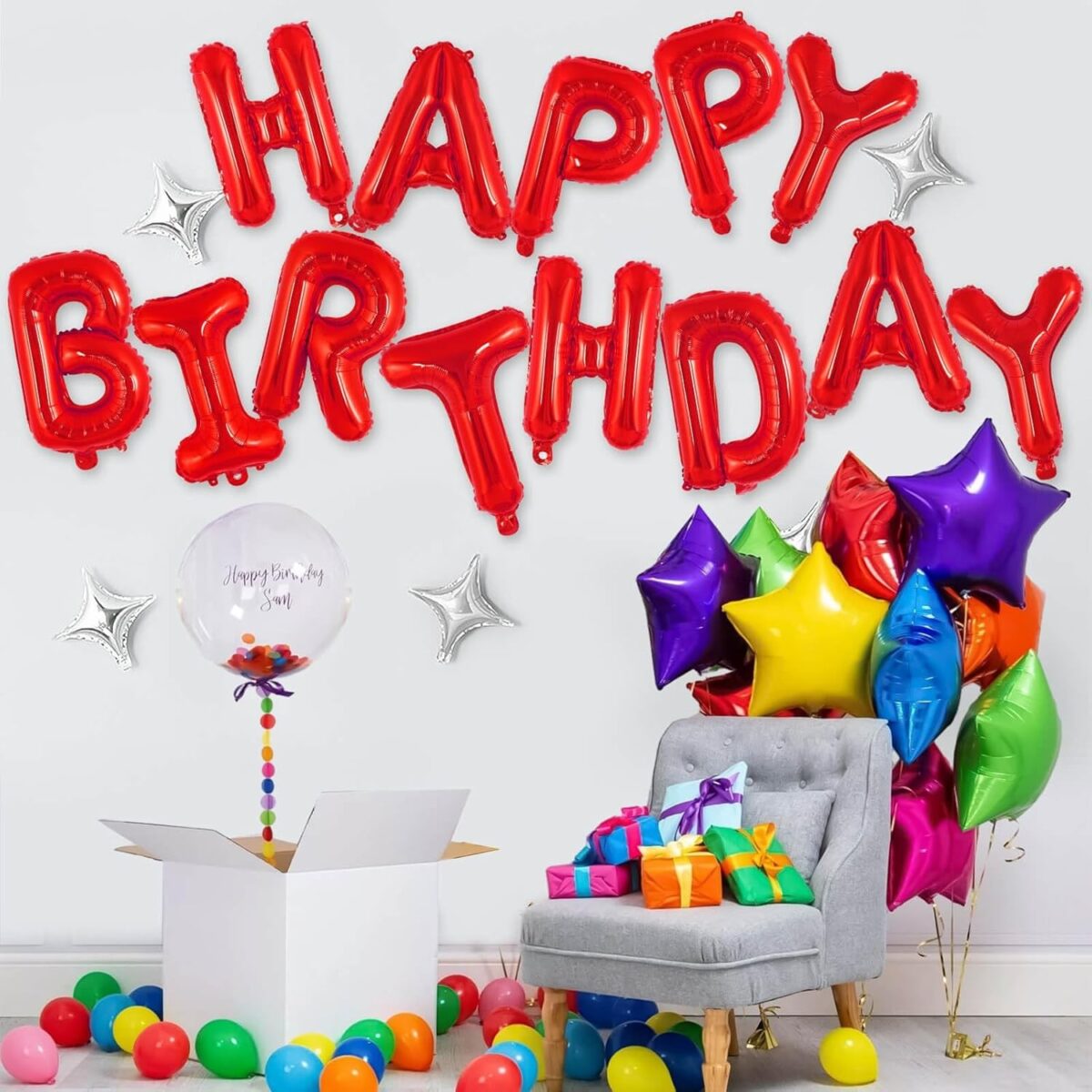 Set Baloane din Folie Metalizata, Embo, Model Happy Birthday, Litere de 40 cm, Baloane Party, Ambalaj Individual, Pai, Ata si Adeziv Incluse, Umflare cu Aer sau Heliu, Rosu - imagine 3