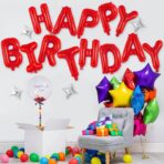 Set Baloane din Folie Metalizata, Embo, Model Happy Birthday, Litere de 40 cm, Baloane Party, Ambalaj Individual, Pai, Ata si Adeziv Incluse, Umflare cu Aer sau Heliu, Rosu - imagine 3