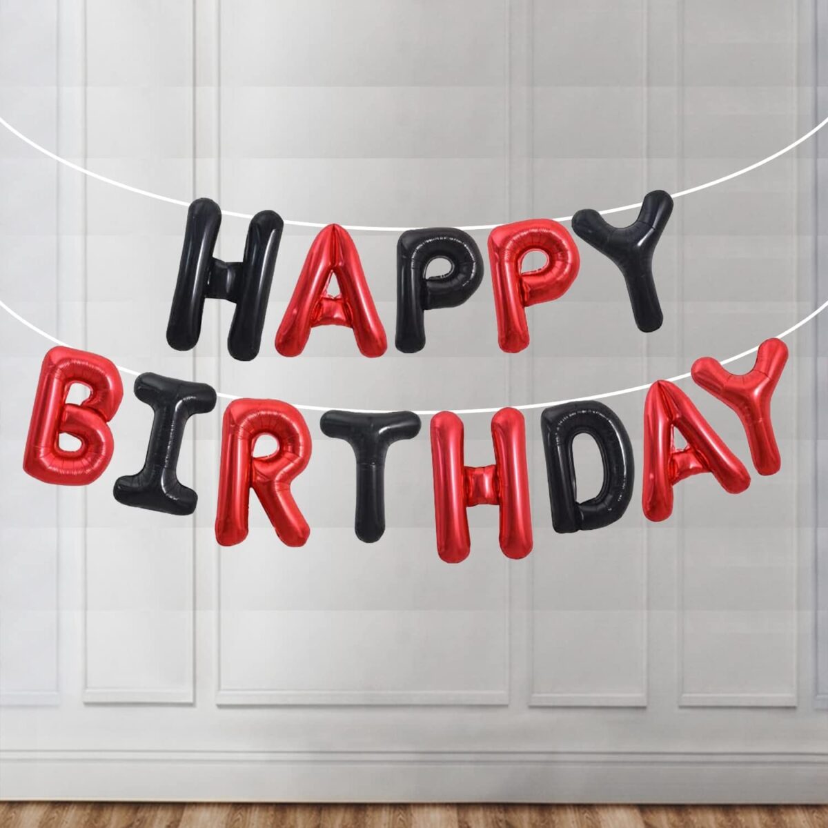 Set Baloane din Folie Metalizata, Embo, Model Happy Birthday, Litere de 40 cm, Baloane Party, Ambalaj Individual, Pai, Ata si Adeziv Incluse, Umflare cu Aer sau Heliu, Rosu-Negru - imagine 5