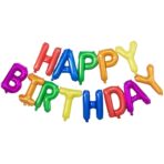 Set Baloane din Folie Metalizata, Embo, Model Happy Birthday, Litere de 40 cm, Baloane Party, Ambalaj Individual, Pai, Ata si Adeziv Incluse, Umflare cu Aer sau Heliu, Multicolor