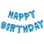 Set Baloane din Folie Metalizata, Embo, Model Happy Birthday, Litere de 40 cm, Baloane Party, Ambalaj Individual, Pai, Ata si Adeziv Incluse, Umflare cu Aer sau Heliu, Albastru