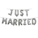 Set Baloane din Folie Metalizata, Embo, Figurine Litere, Model Just Married, Tema Nunta, 40 cm, Baloane Party, Ambalaj Individual, Pai inclus, Umflare cu Aer sau Heliu, Argintiu
