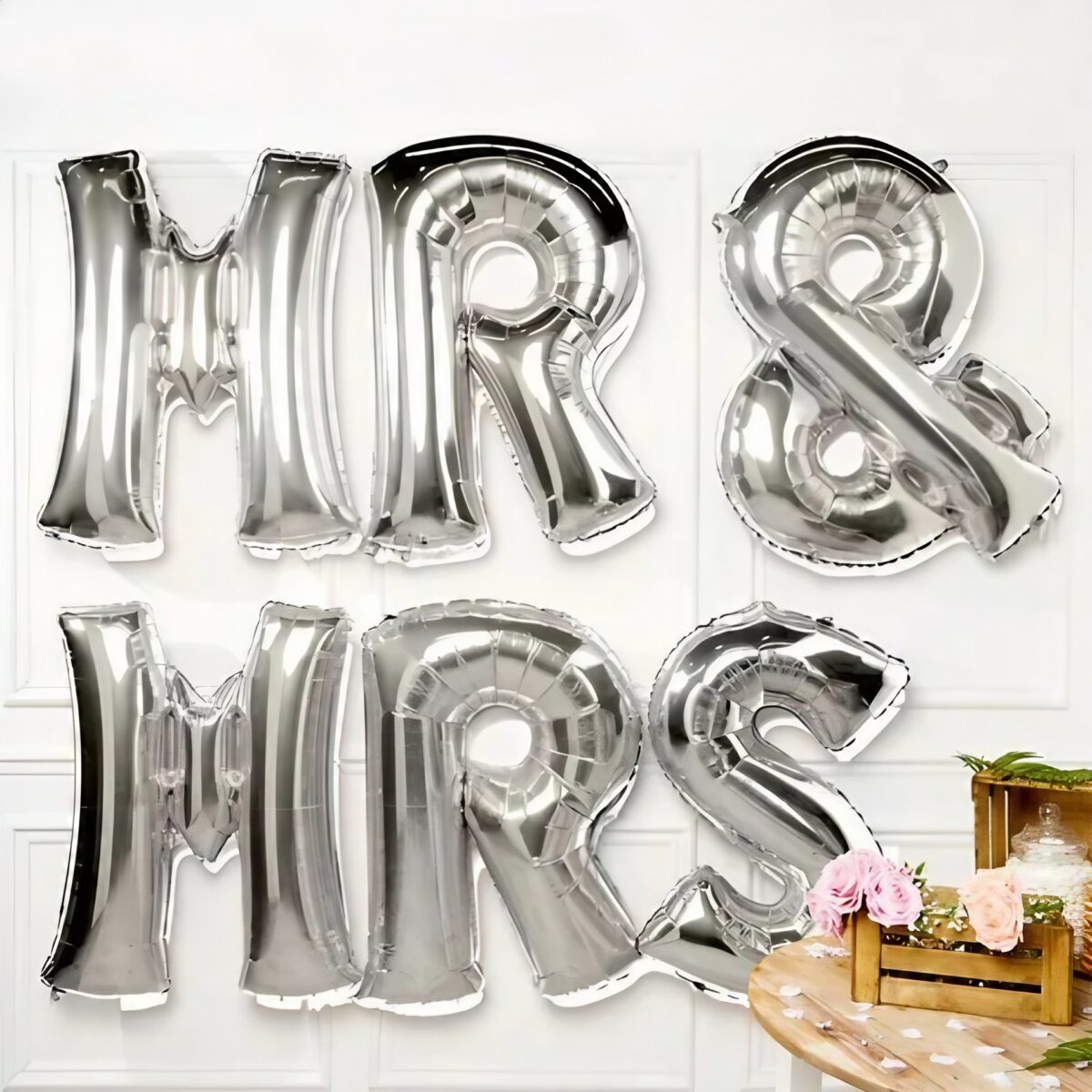 Set Baloane din Folie Metalizata, Embo, Figurine Litere, Model MR&MRS, Tema Nunta, 40 cm, Baloane Party, Ambalaj Individual, Pai inclus, Umflare cu Aer sau Heliu, Argintiu - imagine 2