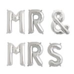 Set Baloane din Folie Metalizata, Embo, Figurine Litere, Model MR&MRS, Tema Nunta, 40 cm, Baloane Party, Ambalaj Individual, Pai inclus, Umflare cu Aer sau Heliu, Argintiu