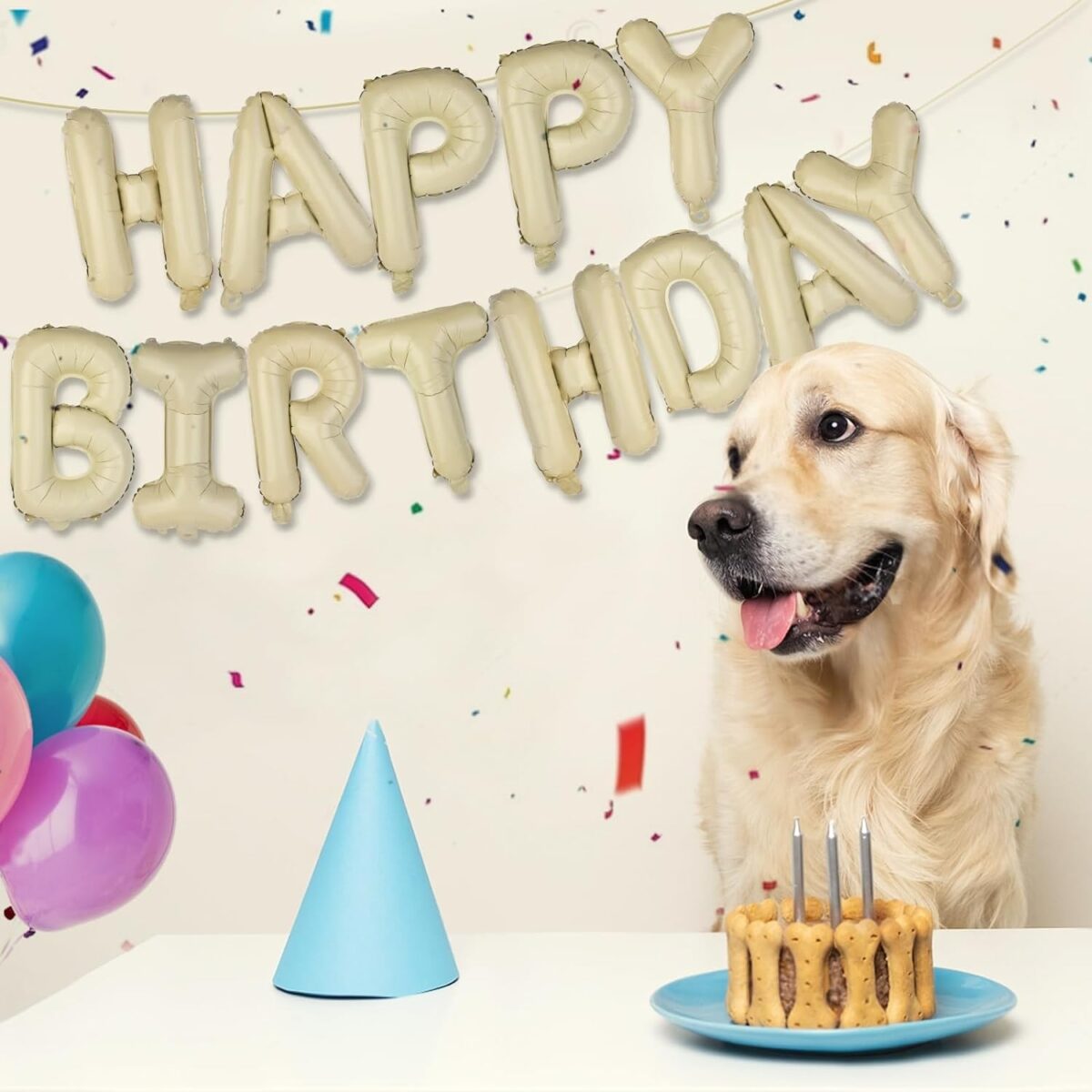 Set 25 de Baloane din Folie Metalizata si Latex, Embo, Figurine 2 Stele, 4 Baloane Confetti, 13 Litere, 6 Latex, Model Happy Birthday, Tema Aniversare, 40 cm, Ambalaj Individual, Pai Inclus, Umflare cu Aer sau Heliu, Bej - imagine 5