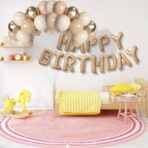 Set 25 de Baloane din Folie Metalizata si Latex, Embo, Figurine 2 Stele, 4 Baloane Confetti, 13 Litere, 6 Latex, Model Happy Birthday, Tema Aniversare, 40 cm, Ambalaj Individual, Pai Inclus, Umflare cu Aer sau Heliu, Bej - imagine 6