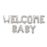 Set Baloane din Folie Metalizata, Embo, Figurine Litere, Model Welcome Baby, Tema Aniversare, 40 cm, Ambalaj Individual, Pai inclus, Umflare cu Aer sau Heliu, Argintiu