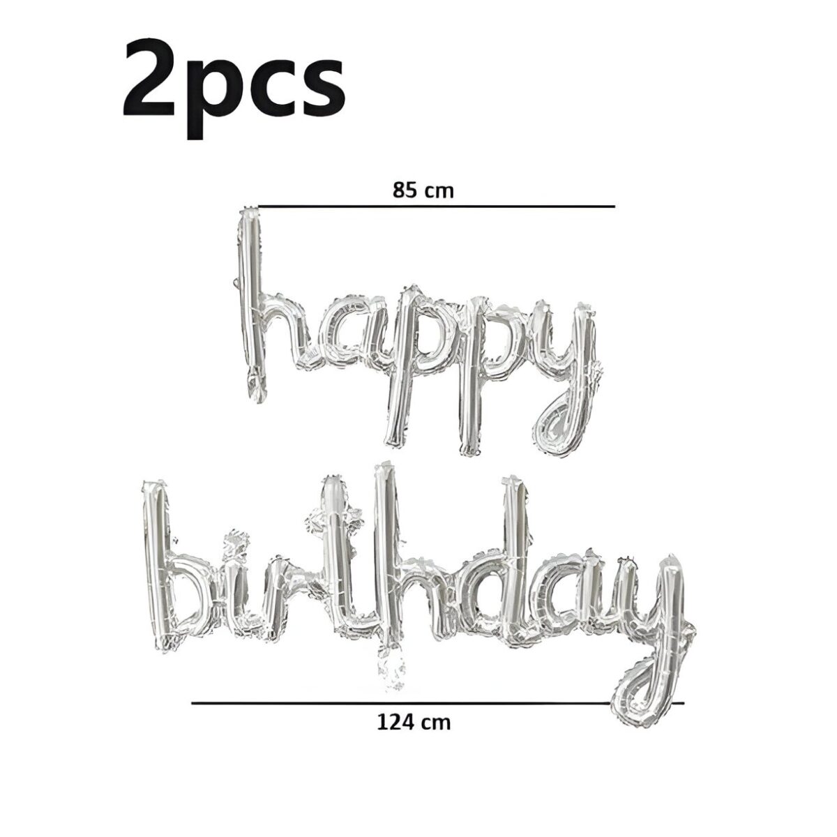 Set Baloane din Folie Metalizată, Embo, Model Happy Birthday, 45x85 cm, 45x124cm, Baloane Party, Ambalaj Individual, Pai inclus, Umflare cu Aer sau Heliu, Argintiu - imagine 5