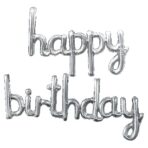 Set Baloane din Folie Metalizată, Embo, Model Happy Birthday, 45x85 cm, 45x124cm, Baloane Party, Ambalaj Individual, Pai inclus, Umflare cu Aer sau Heliu, Argintiu