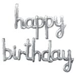 Set Baloane din Folie Metalizată, Embo, Model Happy Birthday, 45x85 cm, 45x124cm, Baloane Party, Ambalaj Individual, Pai inclus, Umflare cu Aer sau Heliu, Argintiu