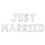 Set Baloane din Folie Metalizata, Embo, Model Just Married, Litere de 40 cm, Baloane Party, Ambalaj Individual, Pai, Ata si Adeziv Incluse, Umflare cu Aer sau Heliu, Argintiu