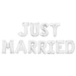 Set Baloane din Folie Metalizata, Embo, Model Just Married, Litere de 40 cm, Baloane Party, Ambalaj Individual, Pai, Ata si Adeziv Incluse, Umflare cu Aer sau Heliu, Argintiu