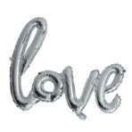 Set Baloane din Folie Metalizata, Model Love Scris de Mana, 102x65 cm, Baloane Ziua Indragostitilor, Ambalaj Individual, Pai inclus, Umflare cu Aer sau Heliu, Argintiu