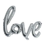 Set Baloane din Folie Metalizata, Model Love Scris de Mana, 102x65 cm, Baloane Ziua Indragostitilor, Ambalaj Individual, Pai inclus, Umflare cu Aer sau Heliu, Argintiu