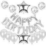 Set baloane din folie metalizata si baloane din latex, baloane HAPPY BIRTHDAY, 4 baloane latex Confetti, 6 baloane latex Roz, 2 baloane folie Steluta, 40cm, Argintiu