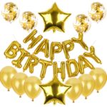Set baloane din folie metalizata si baloane din latex, baloane HAPPY BIRTHDAY, 4 baloane latex Confetti, 6 baloane latex Roz, 2 baloane folie Steluta, 40cm, Gold