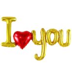 Set Baloane Folie Metalizata, Embo, Model I LOVE YOU cu Inimioara, 54x97 cm, Tematica Ziua Îndrăgostiților, Ambalaj Individual, Pai Inclus, Umflare cu Aer sau Heliu, Auriu