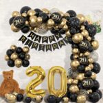 Set Baloane Folie si Latex, Embo, Tematica Aniversare, Baloane Latex, Figurine Cifrele 2 si 0, Ambalaj Individual, Pai Inclus, Umflare cu Aer sau Heliu, Auriu Negru