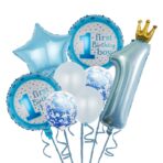 Set 8 Baloane din Folie Metalizată si din Latex, Embo, Figurine Cifra 1 Printesa 91cm, Stea 45 cm si Cerc 55 cm, Baloane Latex 30 cm, Tema Prima Aniversare, Ambalaj Individual, Pai Inclus, Umflare cu Aer sau Heliu, Albastru
