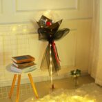 Set Buchet Decorativ, Embo, Trandafir in Balon cu Lumini Led, Diametru 35 cm, 2 x Baterii AA (neincluse), Rosu/Negru - imagine 5
