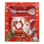 Set cana ceramica cu lingurita Embo, 200 ml, tematica Mos Craciun cu sac de cadouri, multicolor