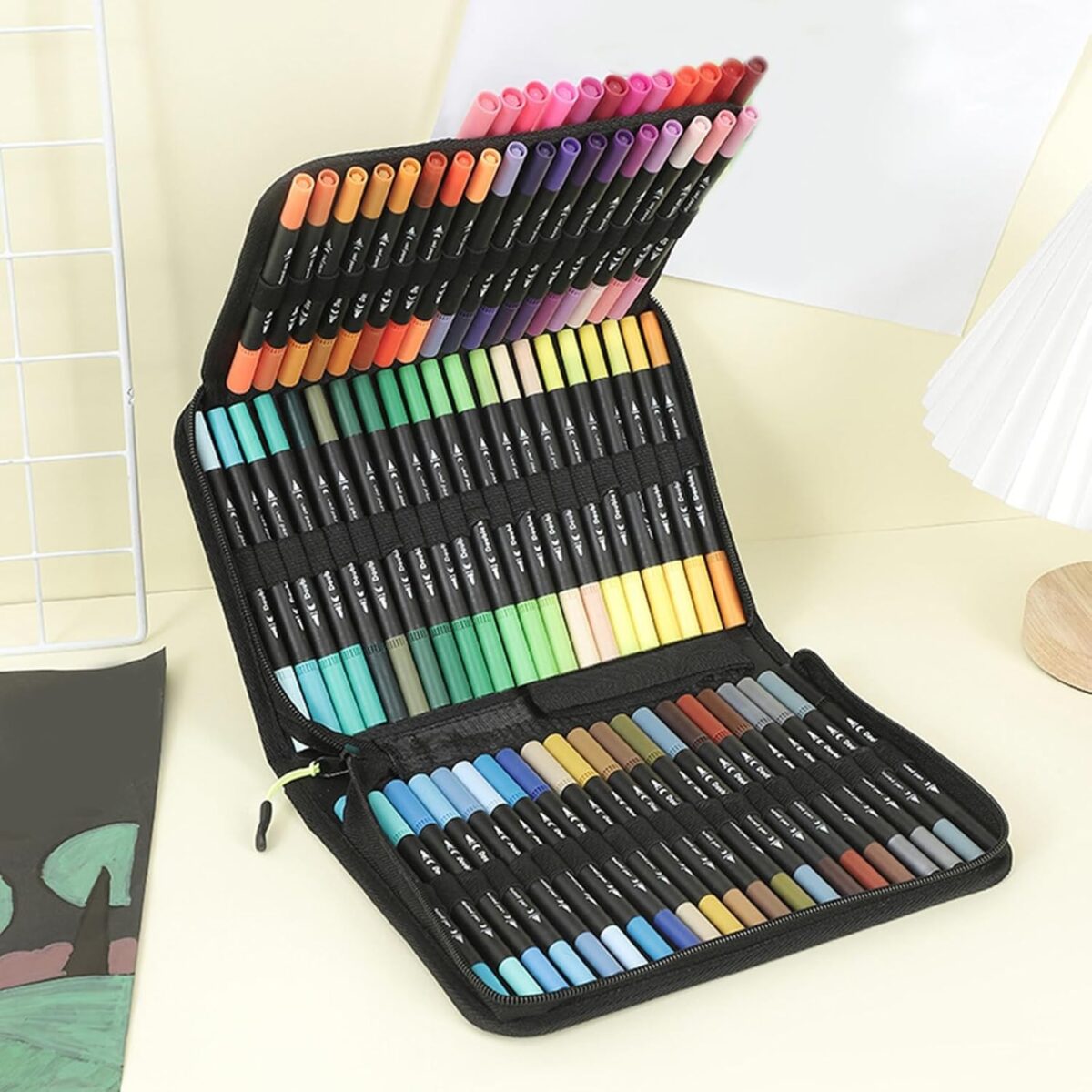 Set Carioci pe Baza de Apa, Embo, 2 in 1, pentru Pictura, Caligrafie, 100 Culori, Penar Negru, Corp Carioca Negru, 23.5 x 19.5 x 7.5 cm, Multicolor - imagine 5