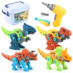 Set de Constructie/Asamblare, Embo, 4 Dinozauri, cu Bormasina Electrica, Baterii 2 x AA, Surubelnita si Cutie Depozitare, 22.5 x 14.5 x 15 cm, Multicolor