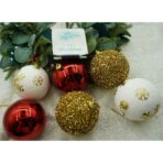 Set de 12 ornamente de brad, Embo, de tip Glob, Alb/ Rosu, din polistiren, cu finisaj sclipitor , cutie  8  cm adancime x 32  cm lungime x 24  cm inaltime - imagine 2