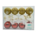 Set de 12 ornamente de brad, Embo, de tip Glob, Alb/ Rosu, din polistiren, cu finisaj sclipitor , cutie  8  cm adancime x 32  cm lungime x 24  cm inaltime - imagine 5