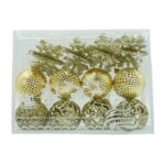 Set de 12 ornamente de brad, Embo, de tip Glob, Auriu, din plastic, cu finisaj sclipitor , cutie 6 cm adancime x 23 cm lungime x 18 cm inaltime