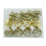Set de 12 ornamente de brad, Embo, de tip Glob, Auriu, din plastic, cu finisaj sclipitor , cutie 6 cm adancime x 23 cm lungime x 18 cm inaltime