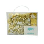 Set de 20 ornamente de brad, Embo, de tip Glob, Auriu, din polistiren, cu finisaj sclipitor , cutie  4  cm adancime x 20  cm lungime x 16  cm inaltime
