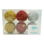 Set de 6  ornamente de brad, Embo, de tip Glob, Multicolor, cu ø de 8 cm, din polistiren, cu finisaj sclipitor , cutie  16  cm inaltime x 24  cm lungime x 8  cm adancime