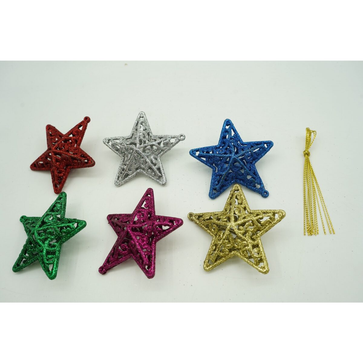 Set de 6 ornamente de brad, Embo, de tip Stea, Multicolor, din plastic, cu finisaj sclipitor , cutie  3  cm adancime x 31  cm lungime x 9  cm inaltime - imagine 3