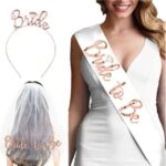 Set de Accesorii pentru Mireasa, Embo, Coronita, Panglica, Stickere, Voal, Model Bride To Be, Tematica Nunta, Alb-Roz