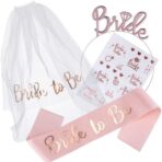 Set de Accesorii pentru Mireasa, Embo, Coronita, Panglica, Stickere, Voal, Model Bride To Be, Tematica Nunta, Alb-Roz - imagine 2