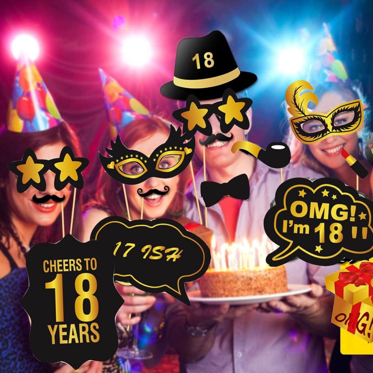 Set Accesorii pentru Petrecere, Embo, Props pentru Coltul de Poze, pentru Majorat, Aniversare 18 Ani, Ochelari, Palarii, Mustata, Cravata, pentru Evenimente, Multicolor - imagine 4
