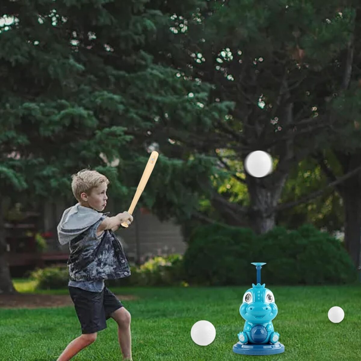 Set de Baseball 5 Piese pentru Copii, Embo, Jucarie Dinosaur Press, 14x23 cm, Verde/Albastru - imagine 4