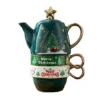 Set de Ceai, Embo, Tema Craciun, Ceainic 450 ml, 2 x Cani 250 ml, din Ceramica, Model Brad, Verde/Turcoaz