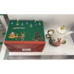 Set de Ceai, Embo, Tema Craciun, Ceainic 450 ml, 2 x Cani 250 ml, din Ceramica, Model Ren Merry Christmas, Alb/Verde - imagine 3