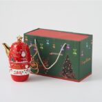 Set de Ceai, Embo, Tema Craciun, Ceainic 450 ml, 2 x Cani 250 ml, din Ceramica, Model Ren, Verde/Turcoaz - imagine 3